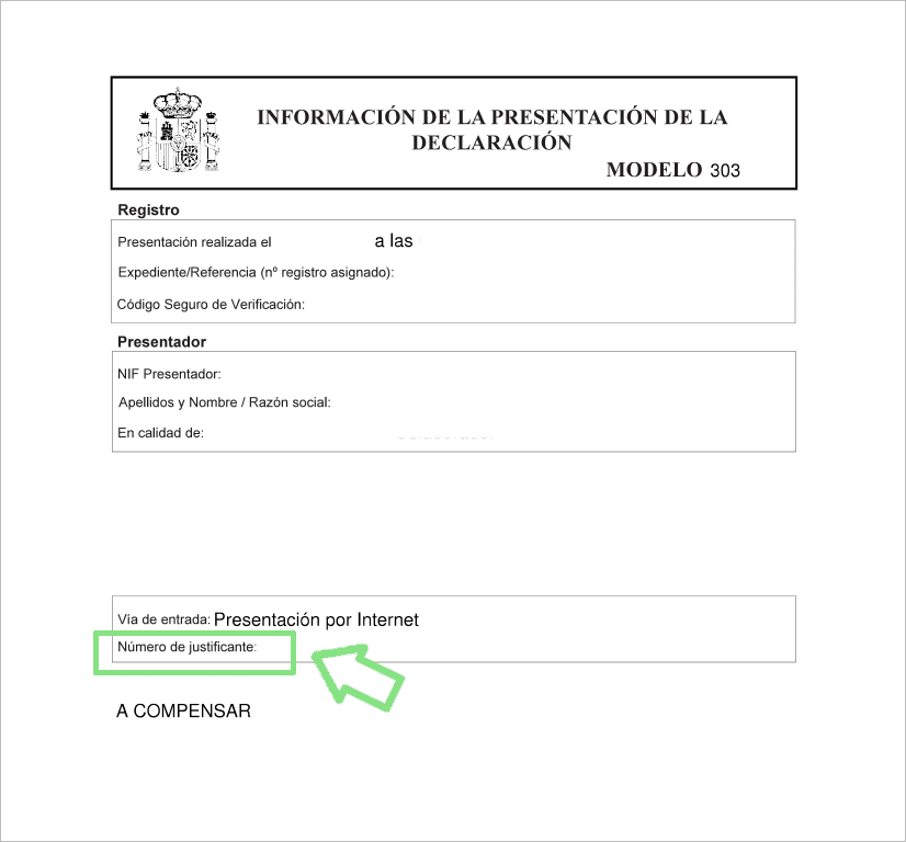 Documento PDF de confirmación de presentación del Modelo 303 de Hacienda con un recuadro y una flecha verde señalando el número de justificante.