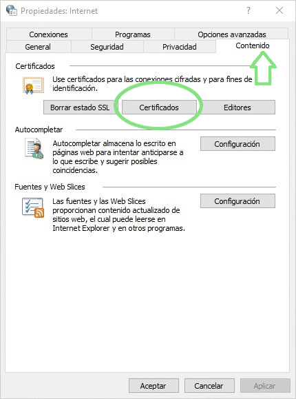 Menú de Propiedades de Internet en Windows con la pestaña Contenido seleccionada y el botón Certificados marcado en un círculo verde.