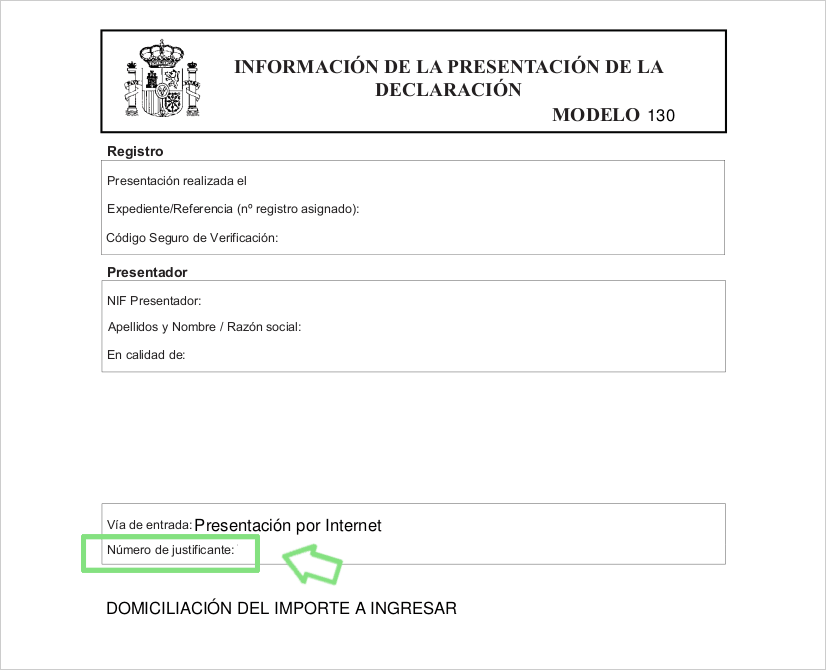 Documento oficial de información de la presentación del Modelo 130 con el campo Número de justificante enmarcado y señalado con una flecha.