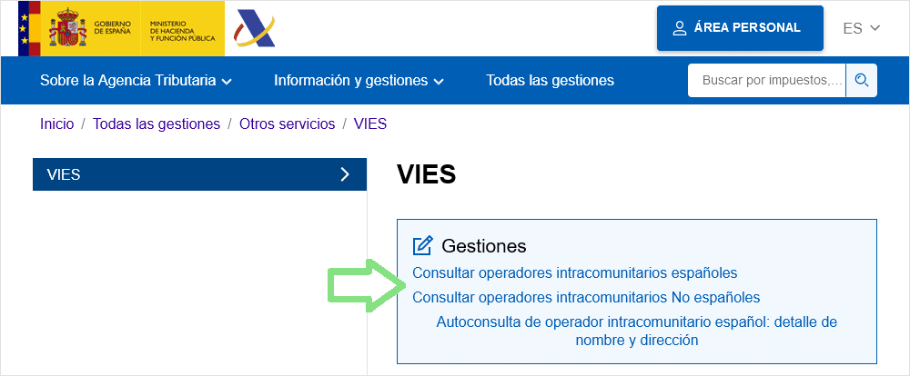 Captura de la Sede Electrónica de la AEAT para comprobar el IVA intracomunitario en el sistema VIES.