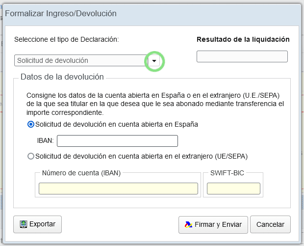 Formulario "Formalizar Ingreso/Devolución" en la Sede Electrónica de la AEAT con la opción de Solicitud de devolución seleccionada y el campo para introducir el IBAN de la cuenta bancaria.