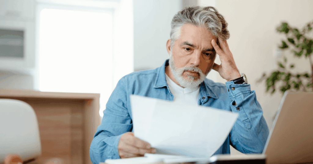 Un profesional autónomo con gesto preocupado revisa documentos de contabilidad frente a su ordenador portátil tras cometer un error en el número de factura.