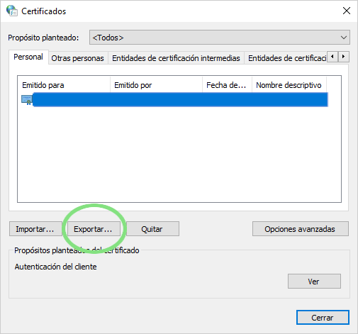 Ventana de Certificados en Windows, pestaña Personal, mostrando un certificado seleccionado en azul y el botón Exportar resaltado con un círculo verde.