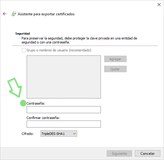 Ventana de seguridad del asistente de exportación de certificados en Windows, con la opción de Contraseña marcada con un círculo y flecha verdes.