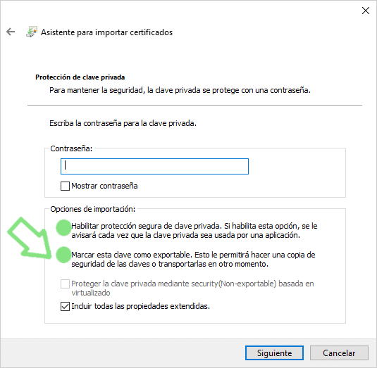 Asistente para importar certificados en Windows mostrando el campo de contraseña y la opción "Marcar esta clave como exportable" seleccionada con un círculo verde.