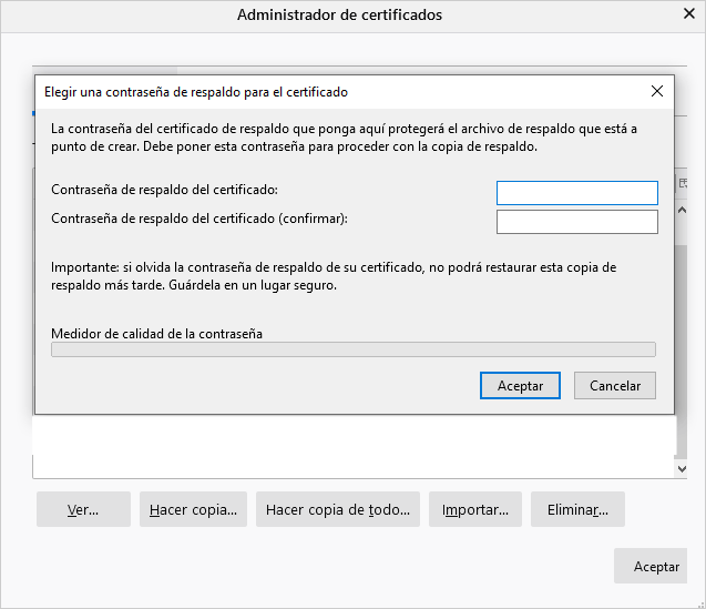 Ventana de Firefox "Elegir una contraseña de respaldo para el certificado" con campos para introducir y confirmar la clave de seguridad.